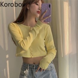Korobov Summer Long Sleeve Yellow T Shirts Korean Sweet Chic Single Breasted Women T Shirt Streetwear Tee Tops 201125