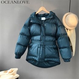 OCEANLOVE Three Colour Solid Women Parka Hooded Zipper Single Breasted Coat Winter Thick Korean Fashion Sashes Jacket Short 10635 201125
