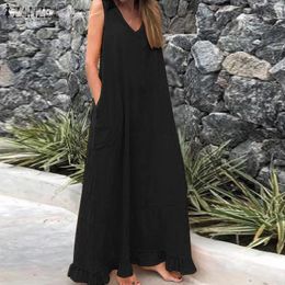 ZANZEA Summer Solid Maxi Long Sundress Fashion Women Ruffles Dress Bohemian V neck Sleeveless Beach Vestido Cotton Linen Dresses Y0118