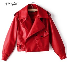 Fitaylor New Autumn Women Faux Leather Jacket Pu Motorcycle Biker Red Coat Turndown Collar Loose Streetwear Black Punk Outerwear 210201