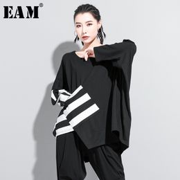 [EAM] Women Black Striped Split Joint Big Size T-shirt New Round Neck Long Sleeve Fashion Tide Spring Autumn 1Z205 201125