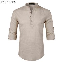 Camicia Henley in lino e cotone casual da uomo 2018 Camicia elegante con maniche arrotolate nuovissima Camicia maschile slim fit a maniche lunghe Camisa Masculina Beige G0105