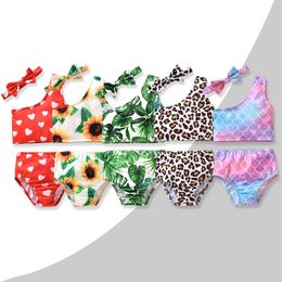 Summer Swimwear Children Girls heart mermaid sunflower leopard Print Bikini Swimsuit off-shoulder top + short + headbands 3pcs/set Kids Swim Beach Swimsuits M4044