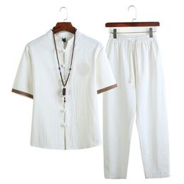 Summer Mens Linen Shirt Sets Male Streetwear Jogger Sweatsuits Shirts+Long Pants Chinese Tracksuit For Men 2 Pieces Set 5XL 201109