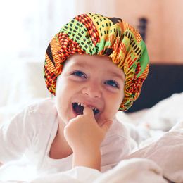 Kids Size African Flower Design Satin Lining Bonnet Colorful Pattern Hair Care Sleep Hat Children Big Loose Beanie Cap