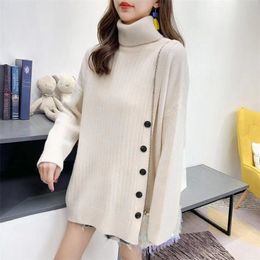 Loose Long-sleeved Solid Turtleneck Sweater Female Button Decoration Lazy Irregular Mid-length Knitted Sweater Women Spring 201223