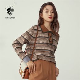 FANSILANEN Polo striped vintage knitted sweater Women long sleeve oversized pullover Female autumn winter button up jumper top 201223