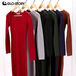 GLO-STORY Women Sweater Dress Elegant Chic Long Sleeve Knit Dress Sexy Party Bodycon Sweater Dresses WMY-2616 Y0118