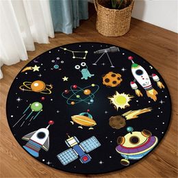 Cartoon Space Planet Round Carpet Blue Black Spacecraft Rocket 3D Printed Childrens Rug Soft Non-slip Floor Carpet For Bedroom 201225