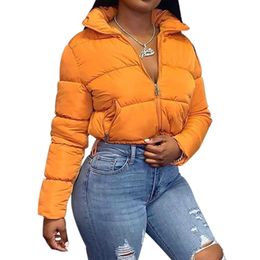 Women Cropped Puffer Down Jacket Winter Clothes Warm Parka Fashion Short Outwear Long Sleeve Zip Thick Down Bubble Coats