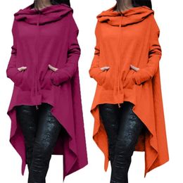 Hot Fashion Lady Solid Colour Long Sleeve Asymmetrical Hem Fishtail Hooded Hoodie Sweatshirt Cotton and Spandex Women's Hoodie T200904