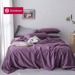 Sondeson New 100% Silk Noble Purple Bedding Set Silk Healthy Double Queen King Duvet Cover Flat Sheet Pillowcase Quilt Cover T200706