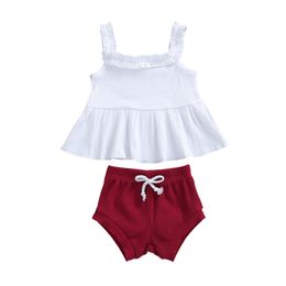 Newborn Baby Girls Clothes Summer Fashion Knitted Ribbed Dress Skirt Top Lace up Stretch Waist Short Pants Suit Two Piece Set LJ201223