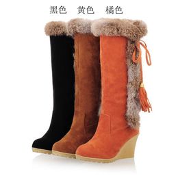 Hot sale- Winter foreign trade cross-border supply high boots female rabbit fur fringed boots slope with big yards wholesale