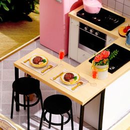 1:24 Wooden Dollhouse Miniatures DIY Kitchen Kit with Dust Cover & LED Light LJ201126