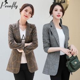 PEONFLY Vintage Office Lady Notched Collar Plaid Women Blazer Single Button Autumn Jacket Casual Pockets Female Suits Coat 201105