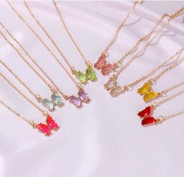 Stainless Steel Candy Color Crystal Butterfly Pendant Necklace For Women Glamour Female Butterfly Necklaces Jewelry