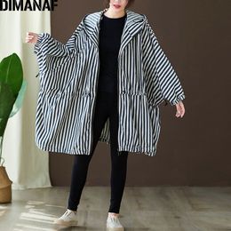 DIMANAF Plus Size Women Jackets Coats Autumn Outerwear Zipper Bat Sleeved Oversize Female Loose Hooded Striped Clothes 150KG Fit 201026