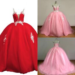 2021 Ivory Applique Crystal Sweet 16 Dresses Prom Ball Gown Red Pink Color Spaghetti Lace Beaded Straps Tulle Quinceanera Dress Cheap Plus