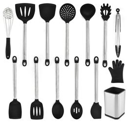 13pcs Silicone Cooking Kitchen Utensils Set Stainless Steel Handle Turner Spatula Spoon Tongs Whisk Cookware Kitchen Tools Set 201223