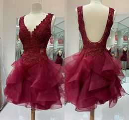 2021 Lace Party Evening Dress Burgundy Tulle Ruffle V-neck Sexy Back Short Prom Homecoming Dress Girls Graduation Dress 5th Grade Cheap