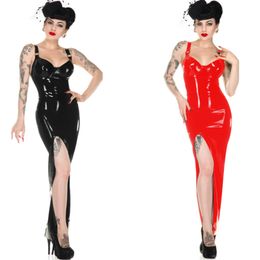 Women's PU Leather Bodycon Slim Long Dress Sexy Red Black High Cut Spaghetti Strap Party Club Wear Dress Vestidos 6XL Plus Size T200707