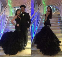 Sexy Black Mermaid Prom Dresses Deep V Neck Organza Ruched Skirt Train Formal Dresses Evneing Wear