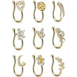 9pcs/set Crystal Butterfly Fake Nose Ring Non Piercing Clip On IndianStyle Heart Cuff Nariz Jewellery 220224