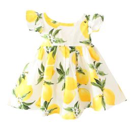 Clearance! Girls Dress Children Flying Sleeves Lemon Printed Cotton Dress Holiday Beach Kids Dresses for Girls