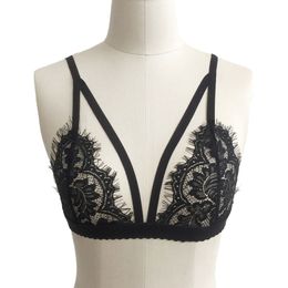 Sexy Women Bralette Eyelash Lace Sheer Mesh Wirless Unpadded Strappy See Through Bustier Black GI189