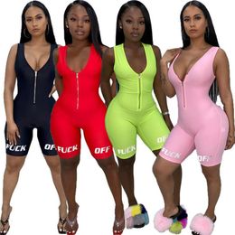 Women Designer Overalls Summer Clothing Jumpsuits Letter New Style V-neck Zipper Rompers Bodycon Shorts Sleeveless S-XL