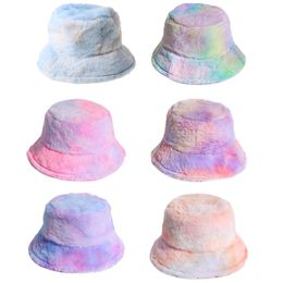 Women Fluffy Fuzzy Plush Bucket Hat Winter Colourful Tie Dye Short Brim Sunscreen Hat Casual Thick Warm Outdoor Fisherman Cap