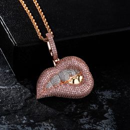Tone Pink Two Purple Cubic Zirconia Charm Drip Lips Pendant Necklace Hip Hop Iced Out Cz Personalised Lip Jewellery Bijoux Gift for Women Girl