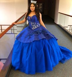 Royal Blue Beaded Ball Gown Quinceanera Dresses Sequined Sweetheart Neck Sweet 16 Dress Sweep Train Satin Tiered Masquerade Gowns V100