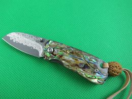 New 4.5 Inch Damascus Pocket Folding Knife VG10-Damascus Steel Blade Abalone shell + Stainless Steel Sheet Handle EDC Knives