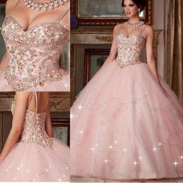 Pink Luxury Sweet 16 Quinceanera Dresses Princess Ball Gowns Spaghetti Straps Sparkle Crystal Beaded Puffy Formal Prom Evening Gowns AL8410