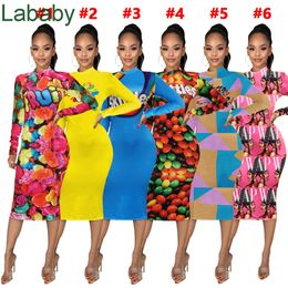 Women Dress Sexy Slim Personalized Pattern Letters Printed Laides New Fahsion Casual Tight Long Sleeve Dresses Skirt 2020