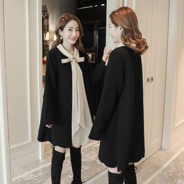 2020 autumn winter maternity clothes fashion a-line shirts turn-down collar bow patchwork block color pregnant women blouses LJ201120