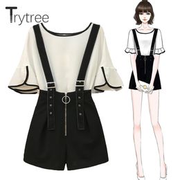 Trytree Summer Women Two piece set Casual O-Neck Flare Sleeve Top + Shorts Zipper Fly Strap Shorts Suit Office Lady 2 Piece Set T200701