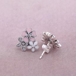 Senior designer authentic Sterling Silver Flowers Stud Earring box for Pink Enamel Daisy Cute women Girls Earrings sets