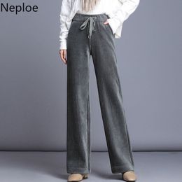 Neploe Corduroy Women Pants Lace Up Stretch High Waist Long Trousers Autumn Winter Causal Solid Wide Leg Pants Femme 4D329 201119