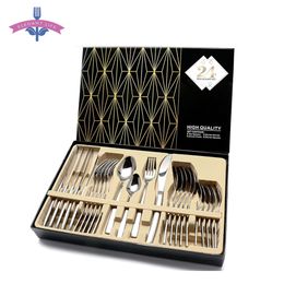 24 PCS Flatware Set High-grade Mirror Polishing 18/10 Stainless Steel Cutlery Sets Silverware Dinnerware Spoons/Knives Gift Box 201116