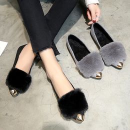 2020 Winter Shoes Fur Woman Flats Gold Pointed Toe Slip on Flat Shoes Plush Warm Women Loafers Faux Fur zapatos mujer 6795