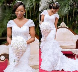 2021 Mermaid Ruffles Wedding Dresses Cap Sleeves Straps Tiered Skirt Organza Custom Made African Plus Size Wedding Gown vestido de novia