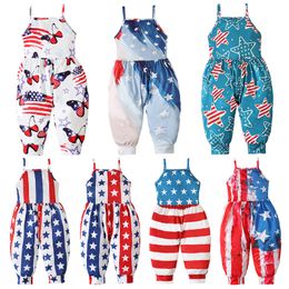 Summer Independence Day Baby Strap Rompers Kids Girl Casual American Flag Printed Jumpsuits Overalls Toddler Bodysuit Clothing M4063