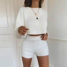 winter Soft Fluffy Tracksuits for women two pieces set solid crop top+shorts outfit fashion velvet tracksuit clothing undefined LJ201120