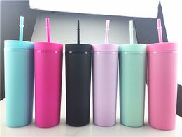 16oz Skinny Tumblers Mugs Matte Coloured Acrylic Tumblers with Lids and Straws Double Wall Plastic Tumblers With FREE Straw Reusable Cup