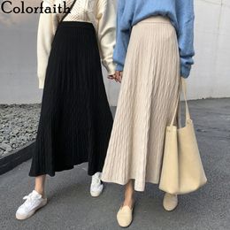 Colorfaith Women Autumn Winter Knitted Midi A-Line Skirts Mid-Calf Empire Korean Style Elegant Fashion Solid Skirt SK4240 201109