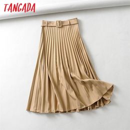 Tangada women khaki pleated midi skirt vintage with belt solid female office ladies work wear chic mid calf skirts 6A306 T200712