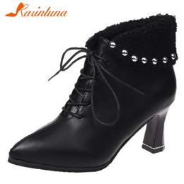 Boots Brand Design Great Quality INS Women Shoes Pointed Toe Med Heels Solid Rivet Office Ladies Ankle Shoelace1